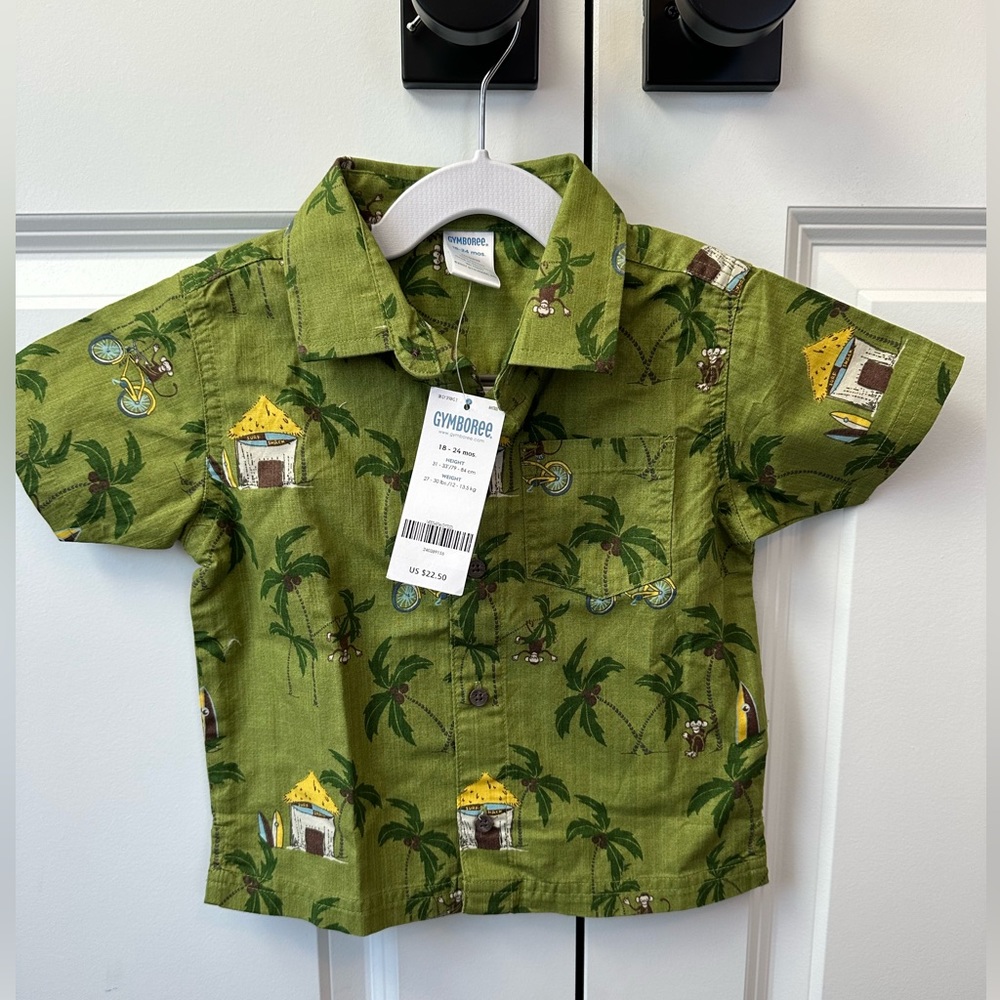 Gymboree Boy's Green Monkey Print Button Down NWT (Size 18-24 Months)